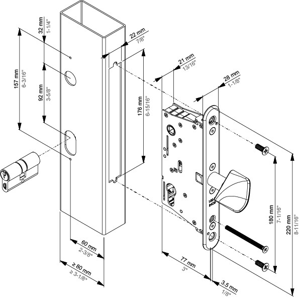 Az EIGHTYLOCK-LS zár szerelési rajza 60 mm-es előlap–tengely távolsággal és 77 mm-es süllyesztési mélységgel
