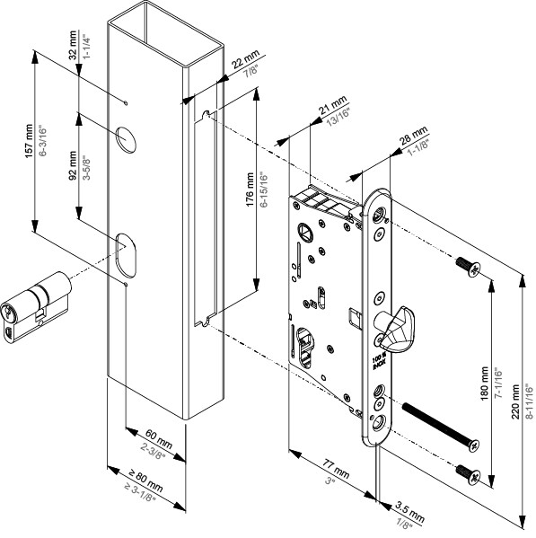 Az EIGHTYLOCK-S zár 60 mm-es előlap-tengelytávolságú és 77 mm-es besüllyesztési mélységű szerelési rajza