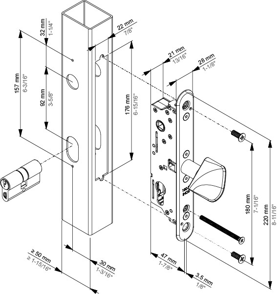 Az FIFTYLOCK-LS zár szerelési rajza 30 mm-es előlap-tengelytávolsággal és 47 mm-es süllyesztési mélységgel