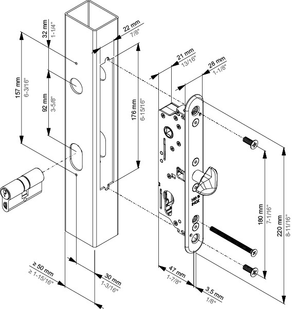 A FIFTYLOCK-S zár szerelési rajza 30 mm-es előlap és a henger tengelye közötti távolsággal, valamint 47 mm-es beépítési mélységgel