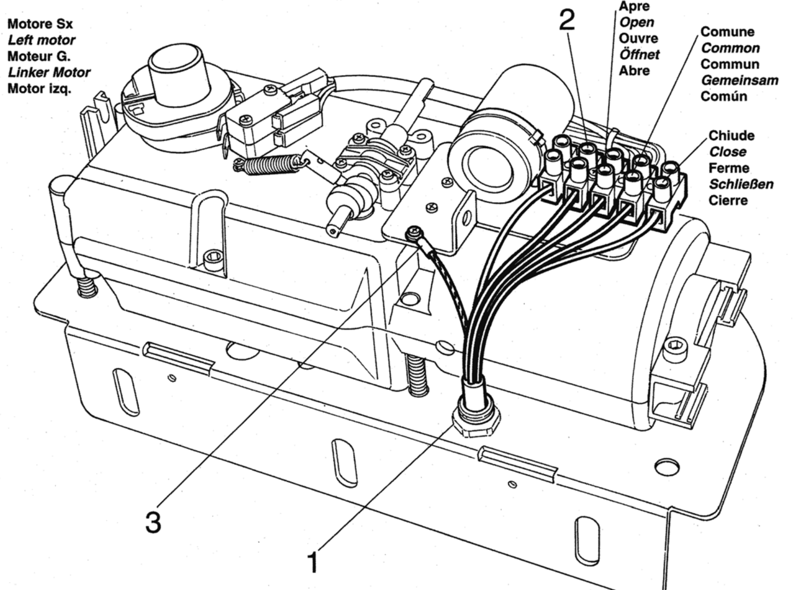 HY7005 – a bal oldali 230 V-os motor sorkapcsa: Open, Common, Close és PE HY7005 – a bal oldali 230 V-os motor sorkapcsa: Open, Common, Close és PE
