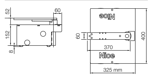 NICE LFABBOX4 – a doboz méretei és a tartócsap helyzete