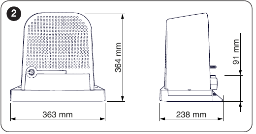 A NICE ROBO1000 méretrajza: 363 mm szélesség, 238 mm mélység, 364 mm magasság