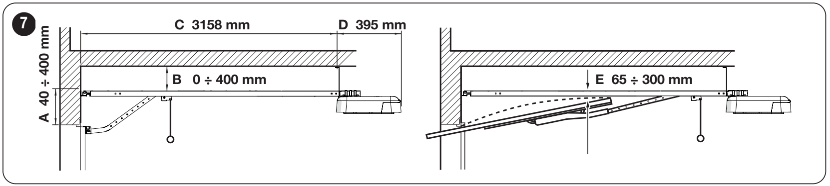 SPIDER800 szerelési helyigénye: A, B, C, D méretek és az E távolság