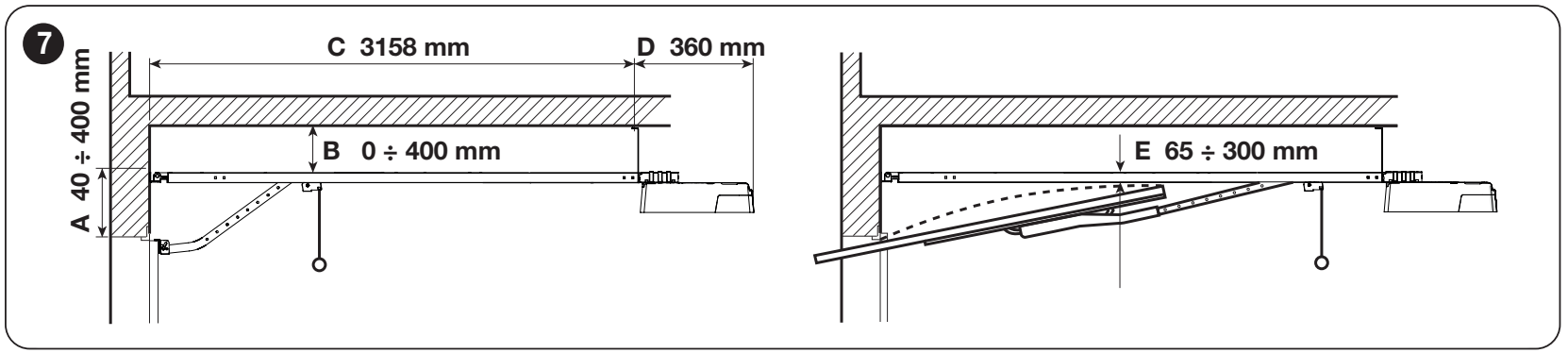 A SPIDO600 szerelési helyigénye: A, B, C, D és az E távolság