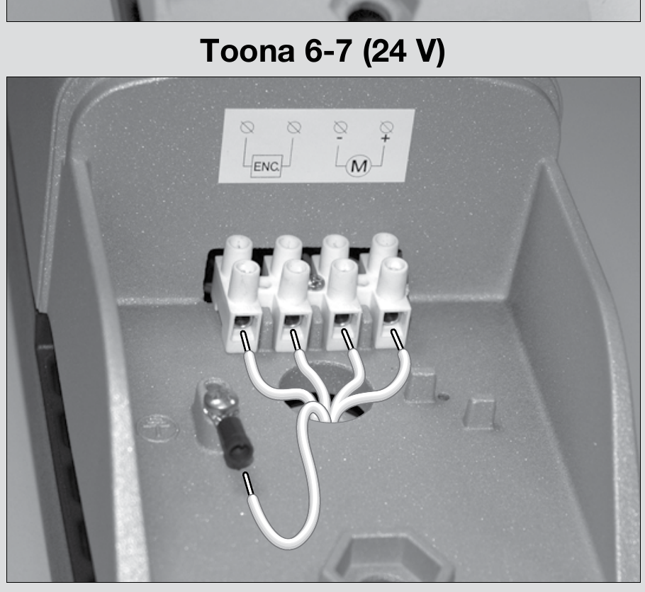 NICE Toona 6–7 – a 24 V-os motor és az enkóder eredeti sorkapocsléce NICE Toona 6–7 – a 24 V-os motor és az enkóder eredeti sorkapocsléce