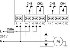 Példa kétirányú motor bekötésére (az egyik csatorna/relé az egyik, a másik a másik irányba mozgatja) Példa kétirányú motor bekötésére (az egyik csatorna/relé az egyik, a másik a másik irányba mozgatja)