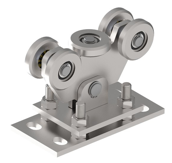 INOX kocsi rozsdamentes acél tolókapuhoz, 5 görgővel, 76x76x3-as C-profilhoz