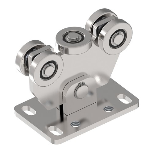INOX görgőkocsi rozsdamentes tolókapuhoz, 5 görgővel, 58x58x3-as C-profilhoz